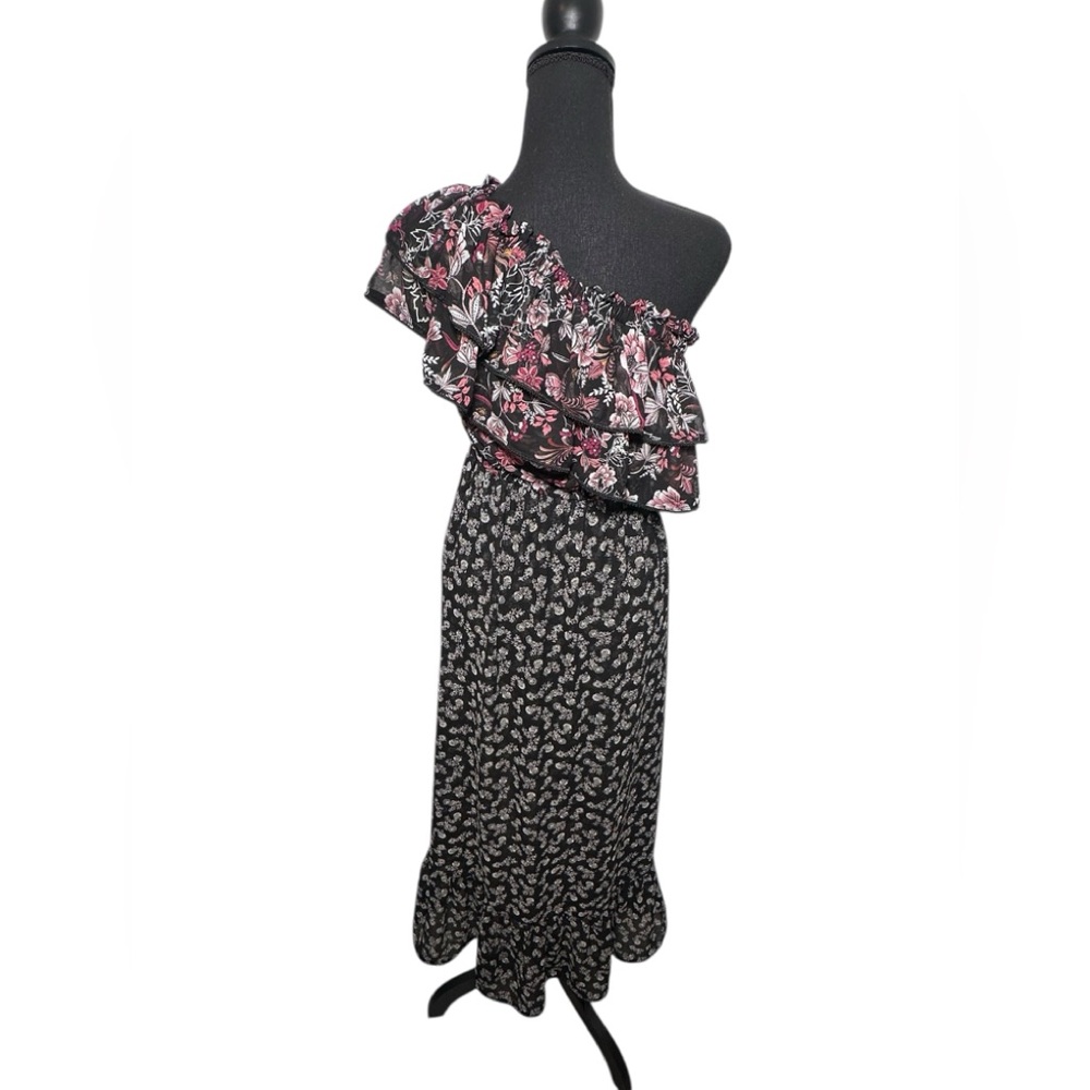 MISA Los Angeles One‎ Shoulder Floral Maxi Dress Black Pink Ruffle Medium USA